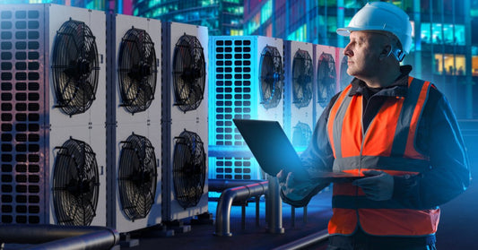 A data center engineer stands with a laptop and their PPE on as they monitor generator fans from the exterior panel.