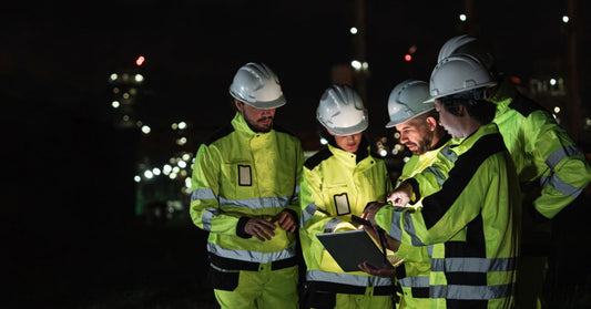 A group of five industrial jobsite workers wear hi-vis yellow safety suits and white hard hats as they look at a tablet.