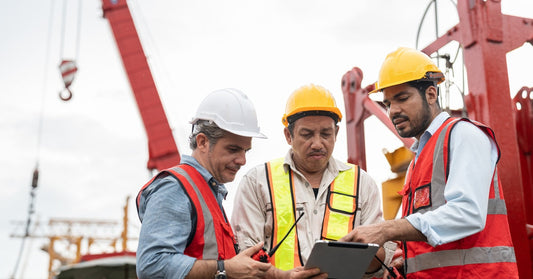 Close-up of three construction professionals wearing hard hats and safety vests while talking at a worksite.