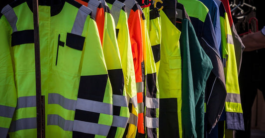 A rack with a variety of flame-resistant clothing hanging up. There are neon yellow coats and orange jackets.