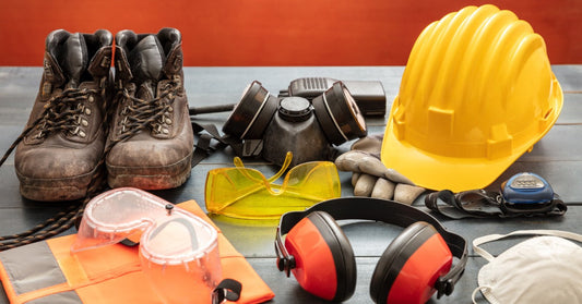 A collection of workplace safety gear sits on a wooden tabletop. There are boots, a hard hat, gloves, and safety goggles.