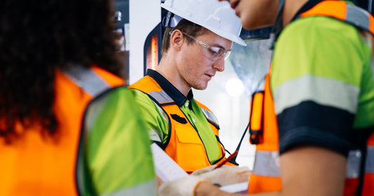 A group of safety team members wearing high-vis orange safety vests, safety glasses, and hard hats on the jobsite.