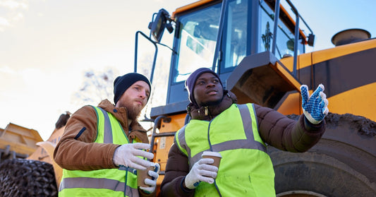 Two male construction workers hold coffees and wear safety vests. They stand next to heavy equipment to talk.