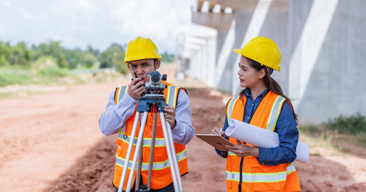 Two construction site workers stand in high-vis orange safety vests and yellow hard hats. One is holding blueprints.