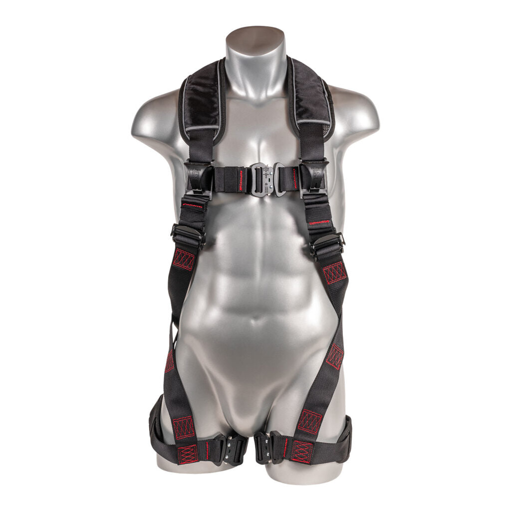 Palmer Safety Akula Series Harness 5pt., Padded Back/H-Style Legs, QCB, SRL Back Plate, Black